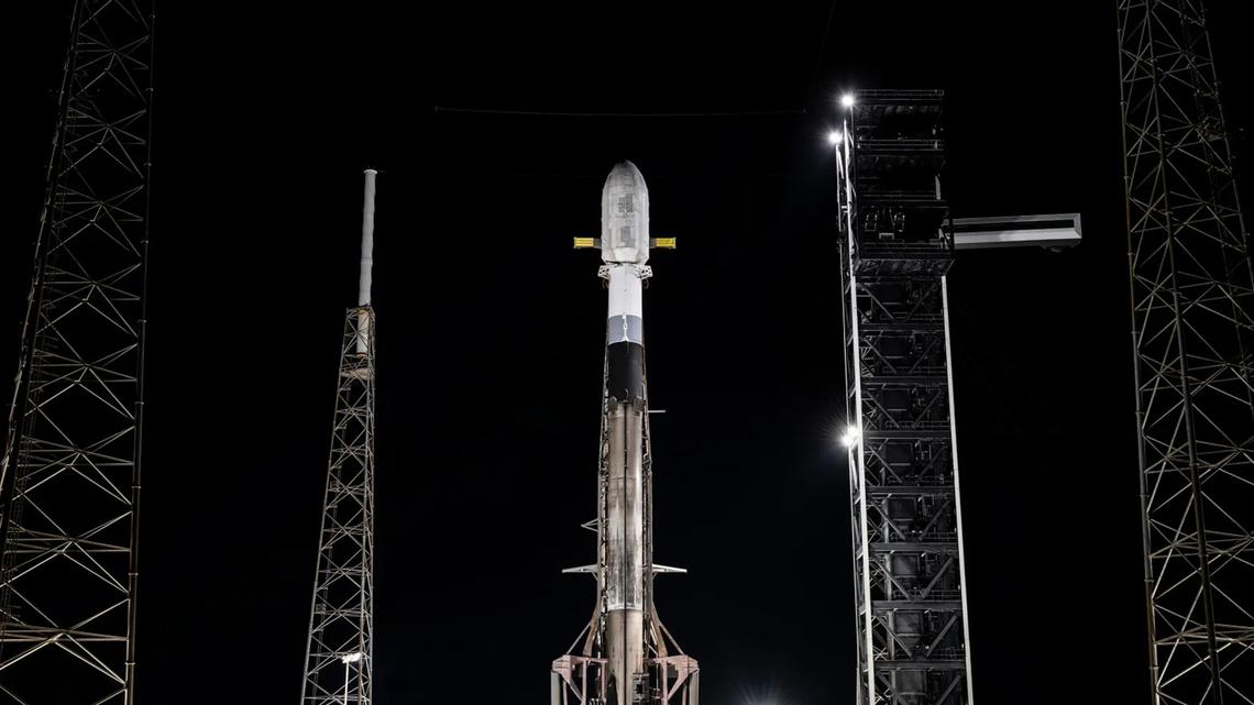 A SpaceX Falcon 9 rocket sits on the pad at Cape Canaveral Space Force Station’s Space Launch Complex 40 ahead of the planned Tuesday, April 21, 2026, launch on the national security GPS III-8 mission for the Space Force with a payload of the the 10th and last of the GPS III series of satellites built by Lockheed Martin. (SpaceX/TNS)