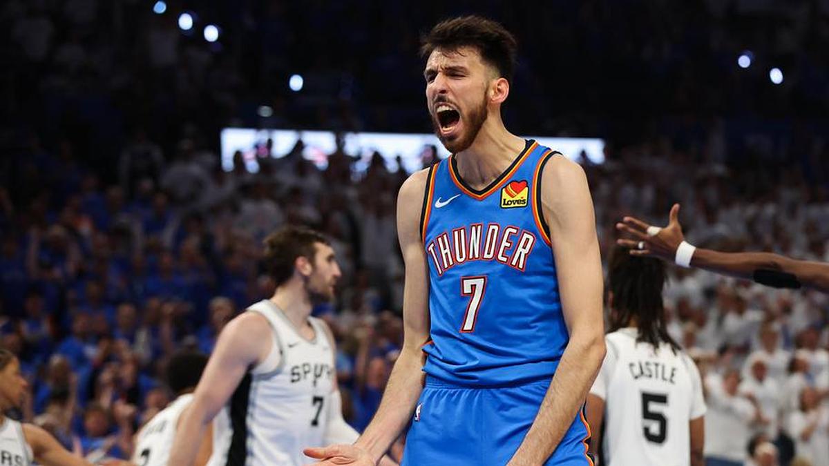  May 20, 2026; Oklahoma City, Oklahoma, USA; Oklahoma City Thunder center Chet Holmgren (7) reacts after a slam dunk during the third quarter against the San Antonio Spurs during game two of the western conference finals for the 2026 NBA playoffs at Paycom Center. | Brett Rojo-Imagn Images 
