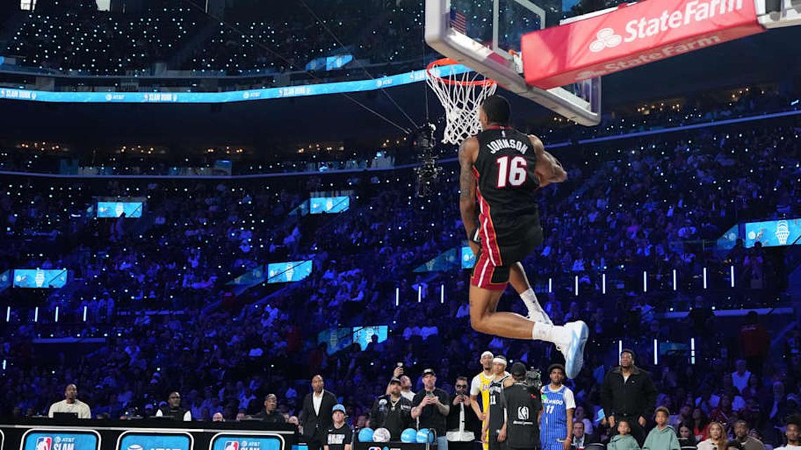 Feb 14, 2026; Los Angeles, CA, USA; Miami Heat forward Keshad Johnson (16) competes in the slam dunk contest during the 2026 NBA All Star Saturday Night at Intuit Dome. Mandatory Credit: Kirby Lee-Imagn Images | Kirby Lee-Imagn Images 