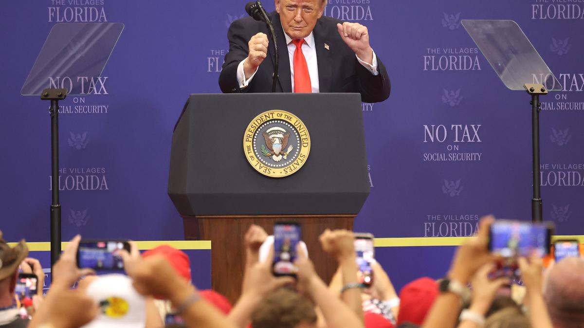 President Donald Trump dances to ‘YMCA’ in front of a cheering crowd after delivering remarks at The Villages in Florida on Friday, May 1, 2026.