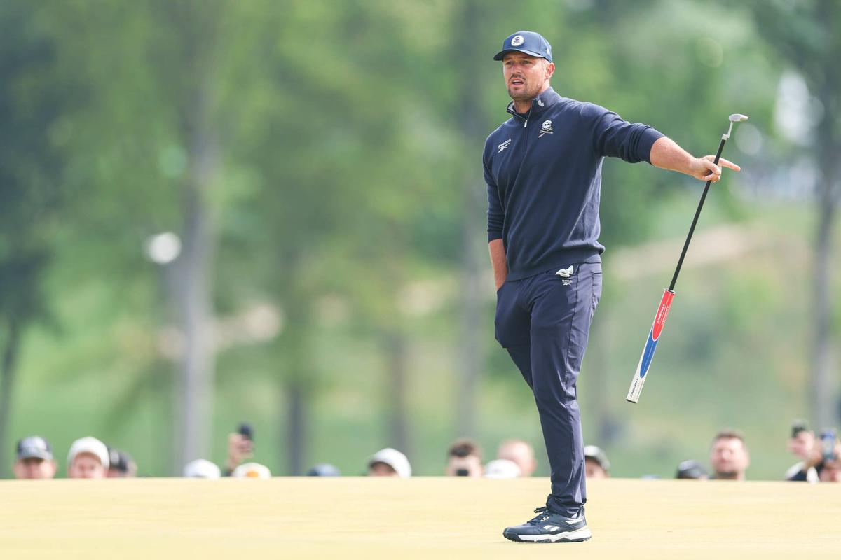  NEWTOWN SQUARE, PA - MAY 14: Bryson DeChambeau reacts on the 14th hole during the first round of the PGA Championship at Aronimink Golf Club on Thursday, May 14, 2026 in Newtown Square, Pennsylvania. (Photo by Maddie Meyer/PGA of America)