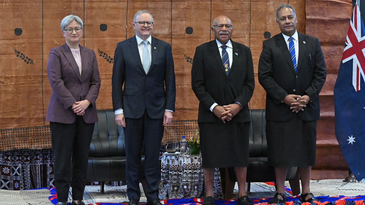 Australia’s Minister for Foreign Affairs Penny Wong, Prime Minister, Anthony Albanese, Fiji’s Prime Minister Sitiveni Rabuka and Minister for Foreign Affairs Sakiasi Raisevu Ditoka stand during a welcome ceremony in Suva, Fiji, July 6, 2026. AAP Image/Mick Tsikas via Reuters NO ARCHIVING  ATTENTION EDITORS - THIS IMAGE WAS PROVIDED BY A THIRD PARTY. NO RESALES. NO ARCHIVE. AUSTRALIA OUT. NEW ZEALAND OUT. NO COMMERCIAL OR EDITORIAL SALES IN NEW ZEALAND. NO COMMERCIAL OR EDITORIAL SALES IN AUSTRALIA.
