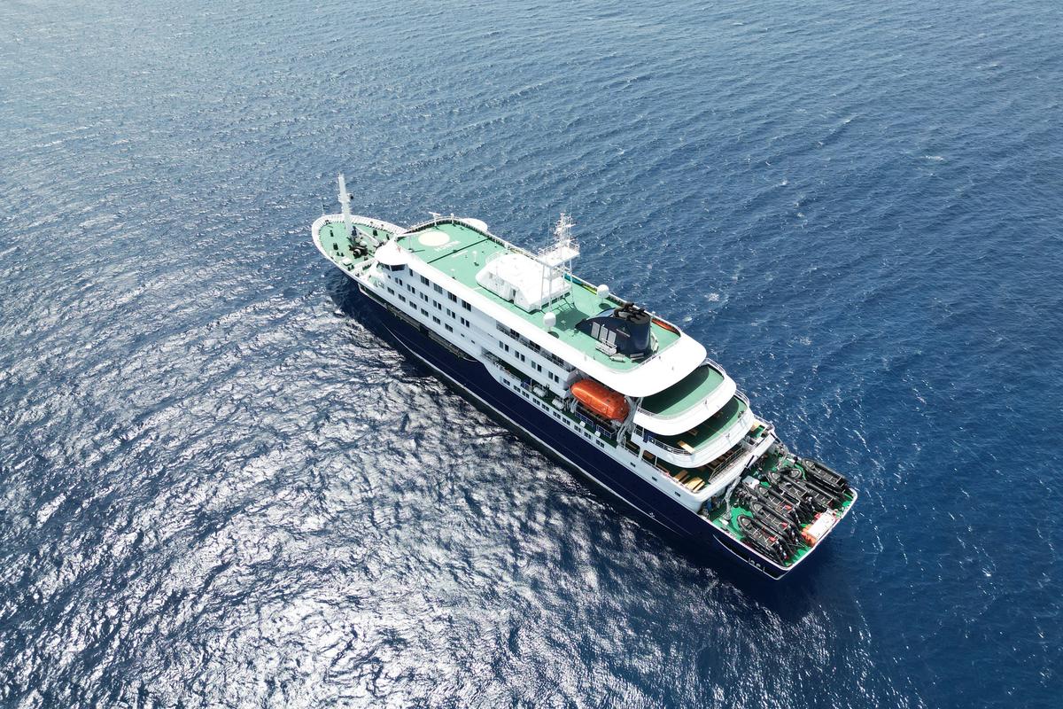  An aerial view of the cruise ship MV Hondius stationary off the port of Praia, the capital of Cape Verde, on May 4. 