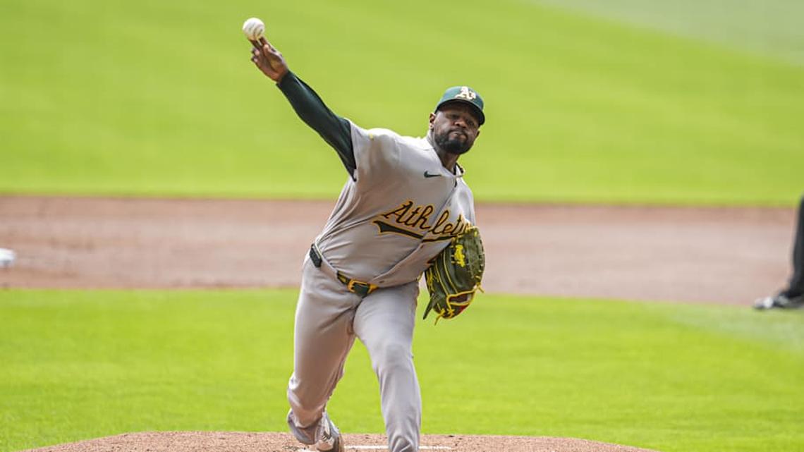  Apr 1, 2026; Cumberland, Georgia, USA; Athletics pitcher Luis Severino (40) pitches against the Atlanta Braves during the first inning at Truist Park. | Dale Zanine-Imagn Images 