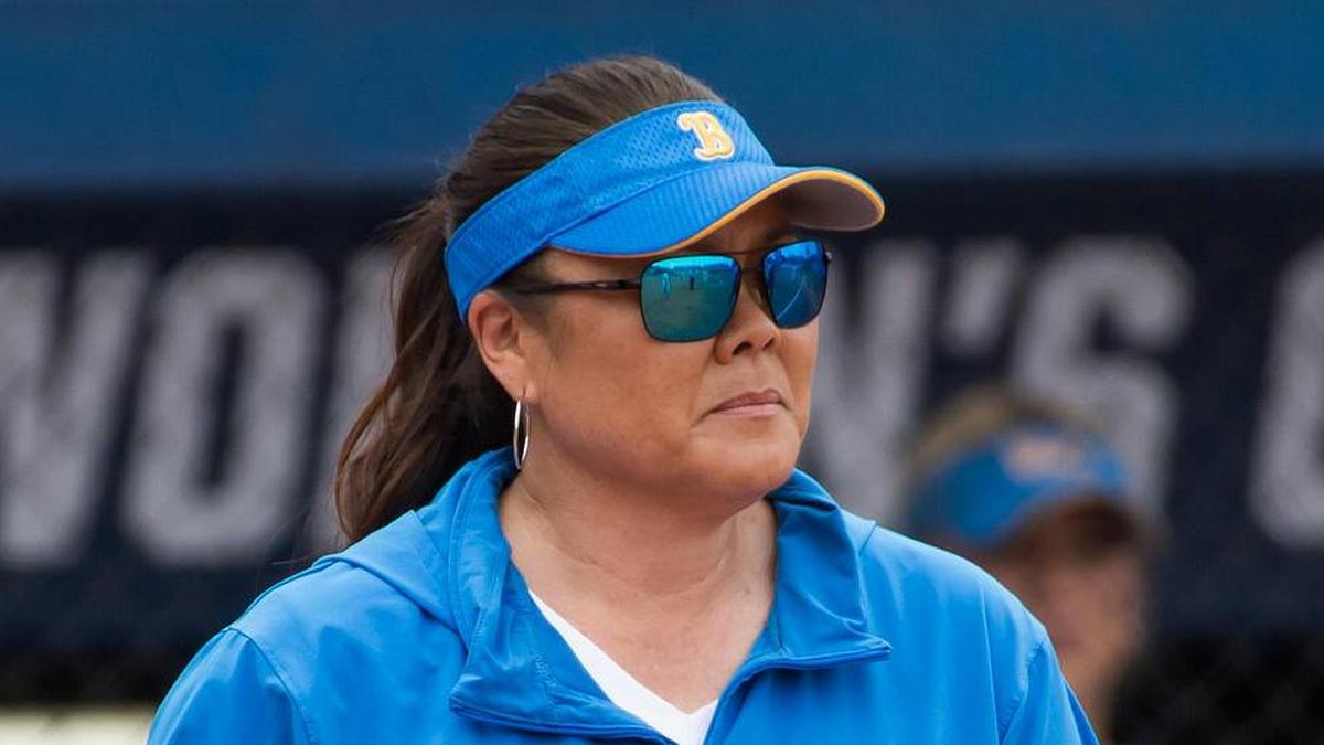  May 30, 2024; Oklahoma City, OK, USA; UCLA Bruins head coach Kelly Inouye-Perez walks to the pitcher's mound in the fifth inning against the Alabama Crimson Tide during a Women's College World Series softball game at Devon Park. Mandatory Credit: Brett Rojo-Imagn Images | Brett Rojo-Imagn Images 