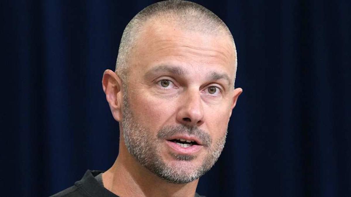  Feb 24, 2026; Indianapolis, IN, USA; Las Vegas Raiders general manager John Spytek speaks at the NFL Scouting Combine at the Indiana Convention Center. Mandatory Credit: Kirby Lee-Imagn Images | Kirby Lee-Imagn Images 