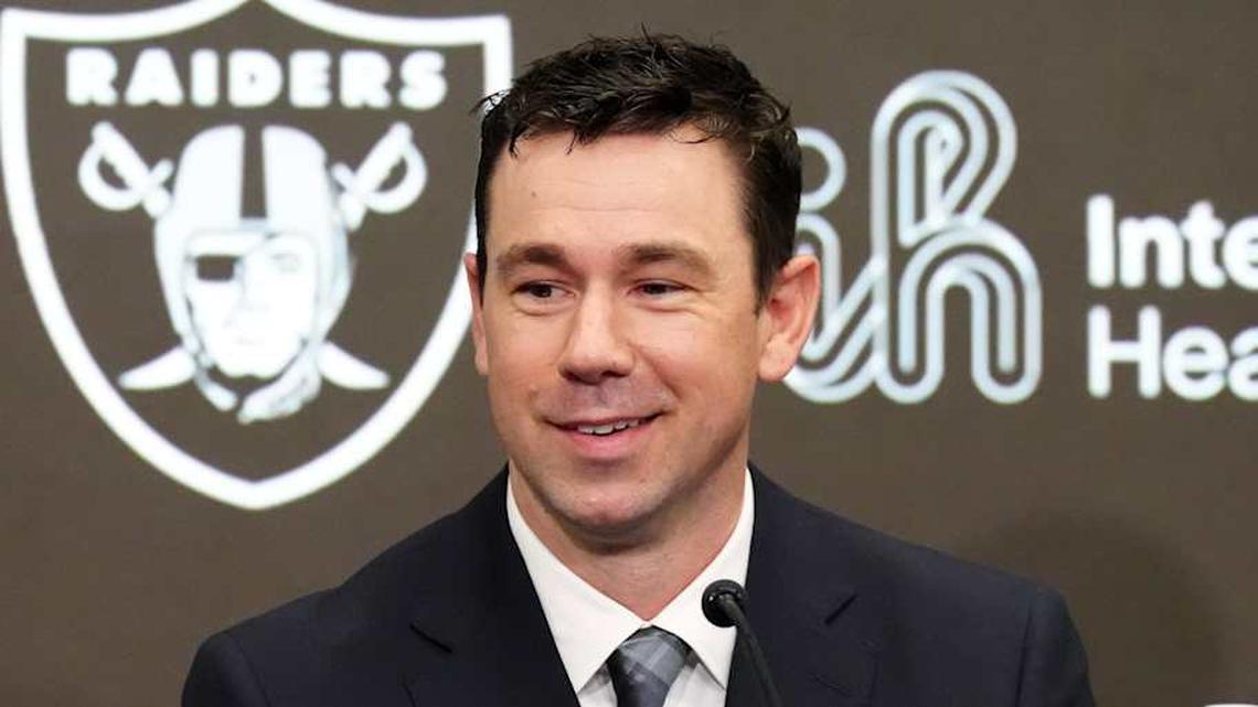  Feb 10, 2026; Henderson, NV, USA; Las Vegas Raiders coach Klint Kubiak speaks at introductory press conference at Intermountain Health Performance Center. Mandatory Credit: Kirby Lee-Imagn Images | Kirby Lee-Imagn Images 