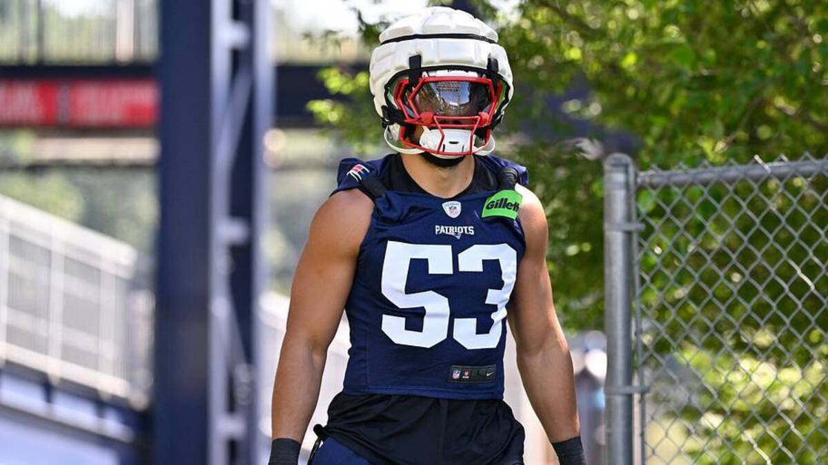  Jul 23, 2025; Foxborough, MA, USA; New England Patriots linebacker Christian Elliss (53) walks to the practice field for training camp at Gillette Stadium. Mandatory Credit: Eric Canha-Imagn Images | IMAGN IMAGES via Reuters Connect 
