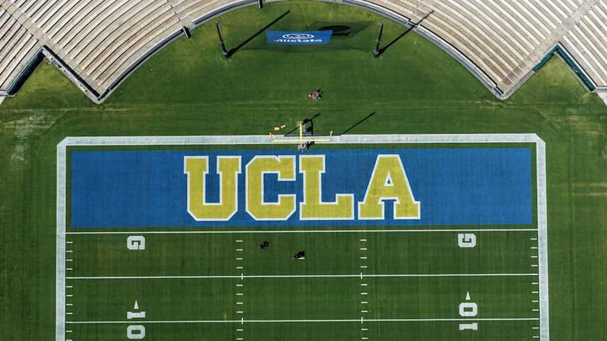  May 2, 2026; Pasadena, CA, USA; A general overall view of the UCLA Bruins logo in the end zone at the Rose Bowl. Mandatory Credit: Kirby Lee-Imagn Images | Kirby Lee-Imagn Images 