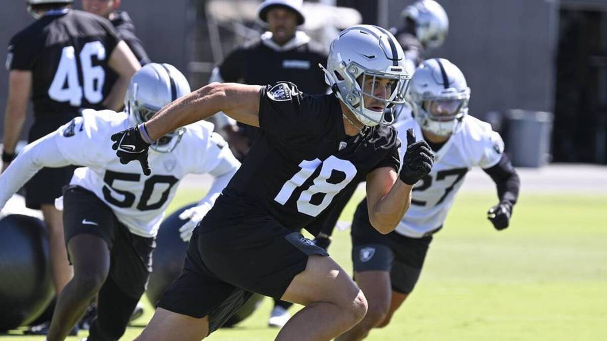  May 28, 2026; Henderson, NV, USA; Las Vegas Raiders wide receiver Jack Bech (18) runs through a drill during organized team activities at Intermountain Health Performance Center. Mandatory Credit: Candice Ward-Imagn Images | Candice Ward-Imagn Images 