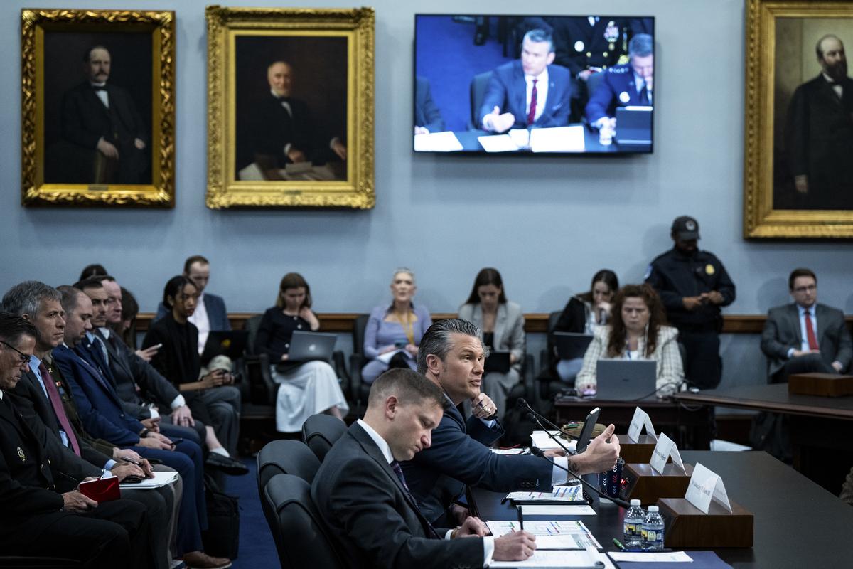Defense Secretary Pete Hegseth testifies at a hearing on the Department of Defense budget request before the House Appropriations subcommittee on Defense in Washington, on Tuesday, May 12, 2026. (Haiyun Jiang/The New York Times)