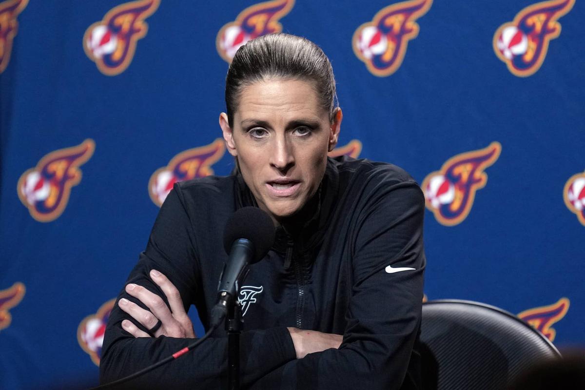  Indiana Fever head coach Stephanie White talks to media members. Darren Yamashita-Imagn Images
