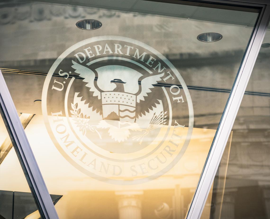  Washington DC, USA – A sign on the exterior of the building housing the US Department of Homeland Security in central Washington DC, USA. 