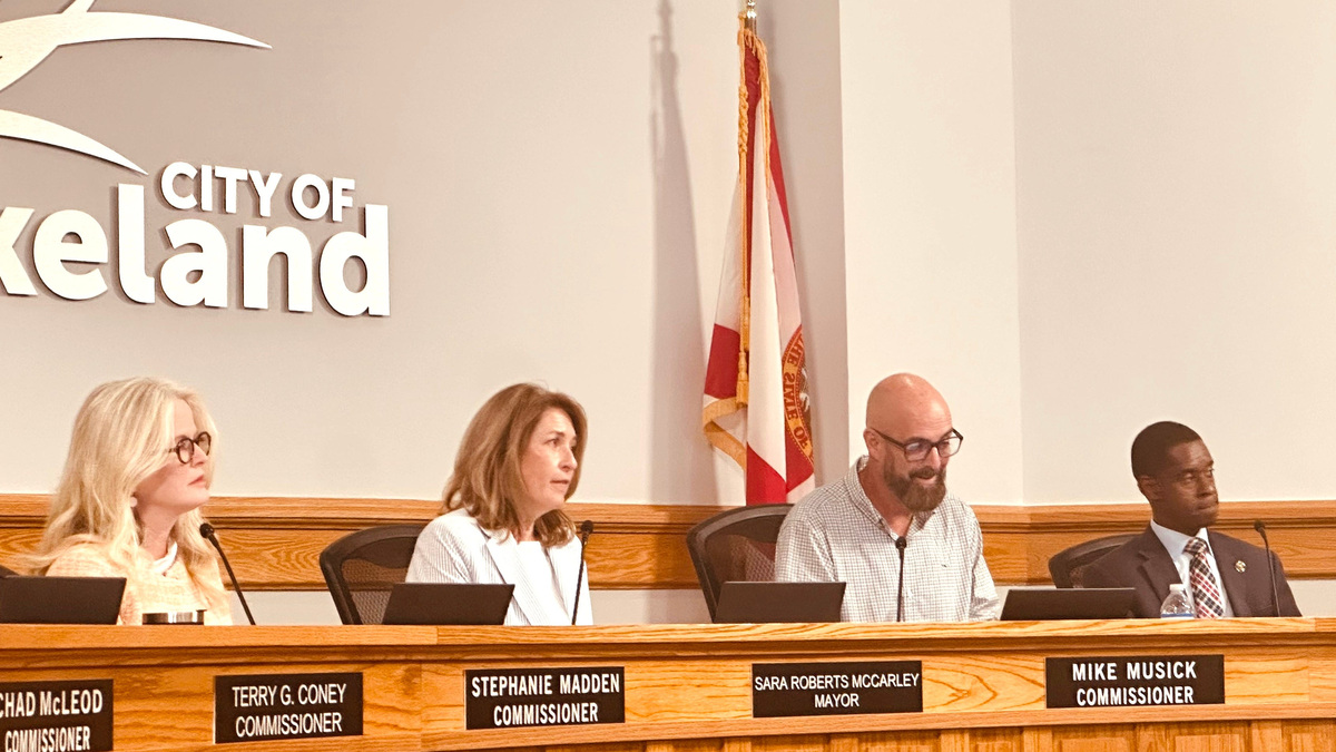 Lakeland commissioners, left to right, Stephanie Madden, Mayor Sara Roberts McCarley, Mike Musick and Ashley Troutman at their June 1, 2026, meeting.