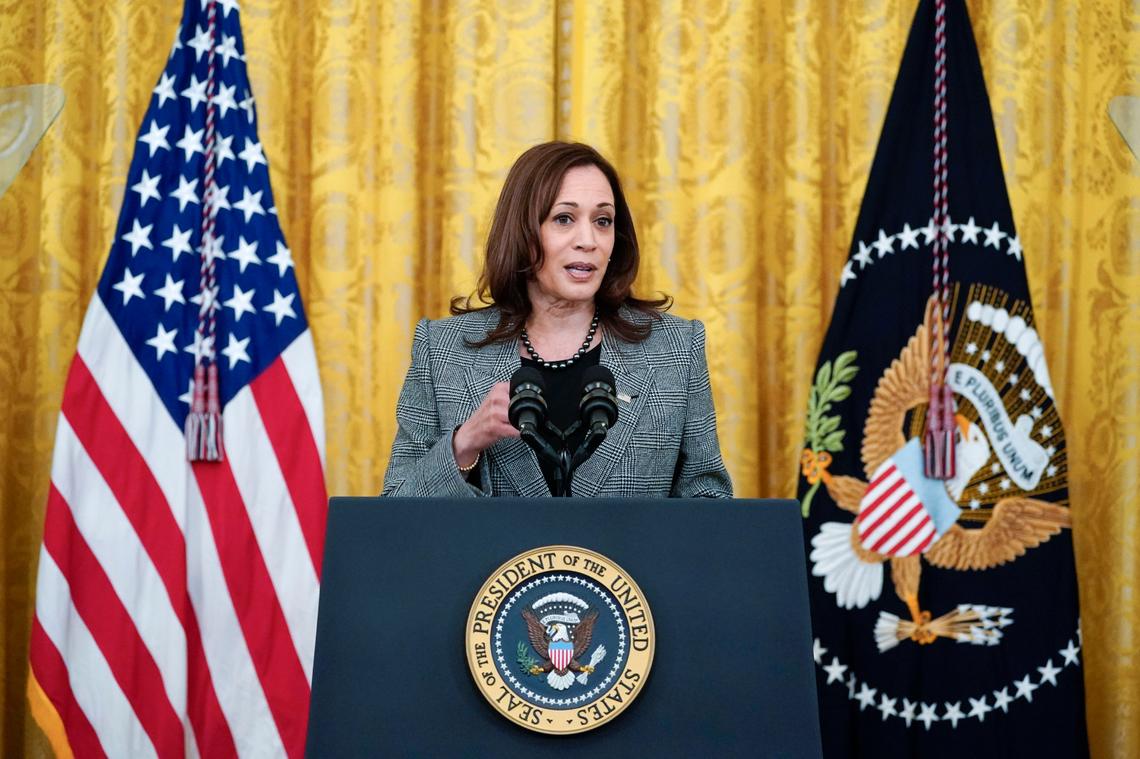 Vice President Kamala Harris speaks during a “Cancer Moonshot,” event in the East Room of the White House, Wednesday, Feb. 2, 2022, in Washington.
