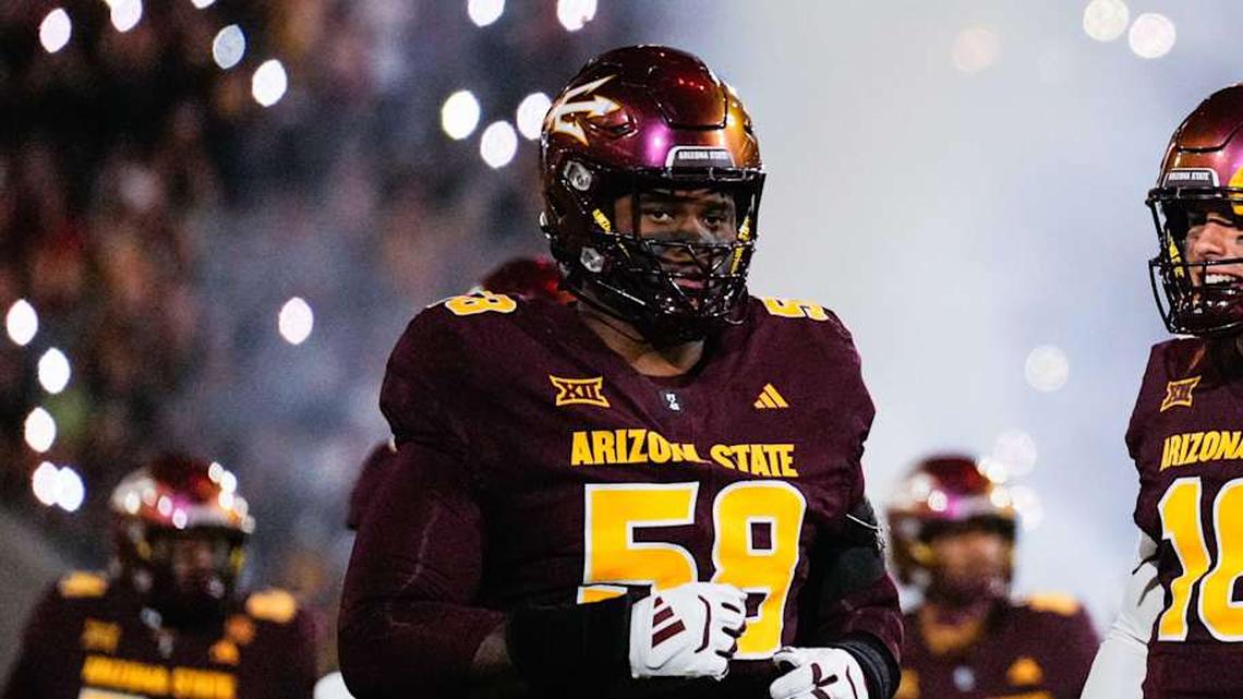  Sep 13, 2025; Tempe, Arizona, USA; Arizona State Sun Devils quarterback Sam Leavitt (10) and Arizona State Sun Devils offensive lineman Max Iheanachor (58) during runout at Mountain America Stadium against the Texas State Bobcats. Mandatory Credit: Arianna Grainey-Imagn Images | Arianna Grainey-Imagn Images 
