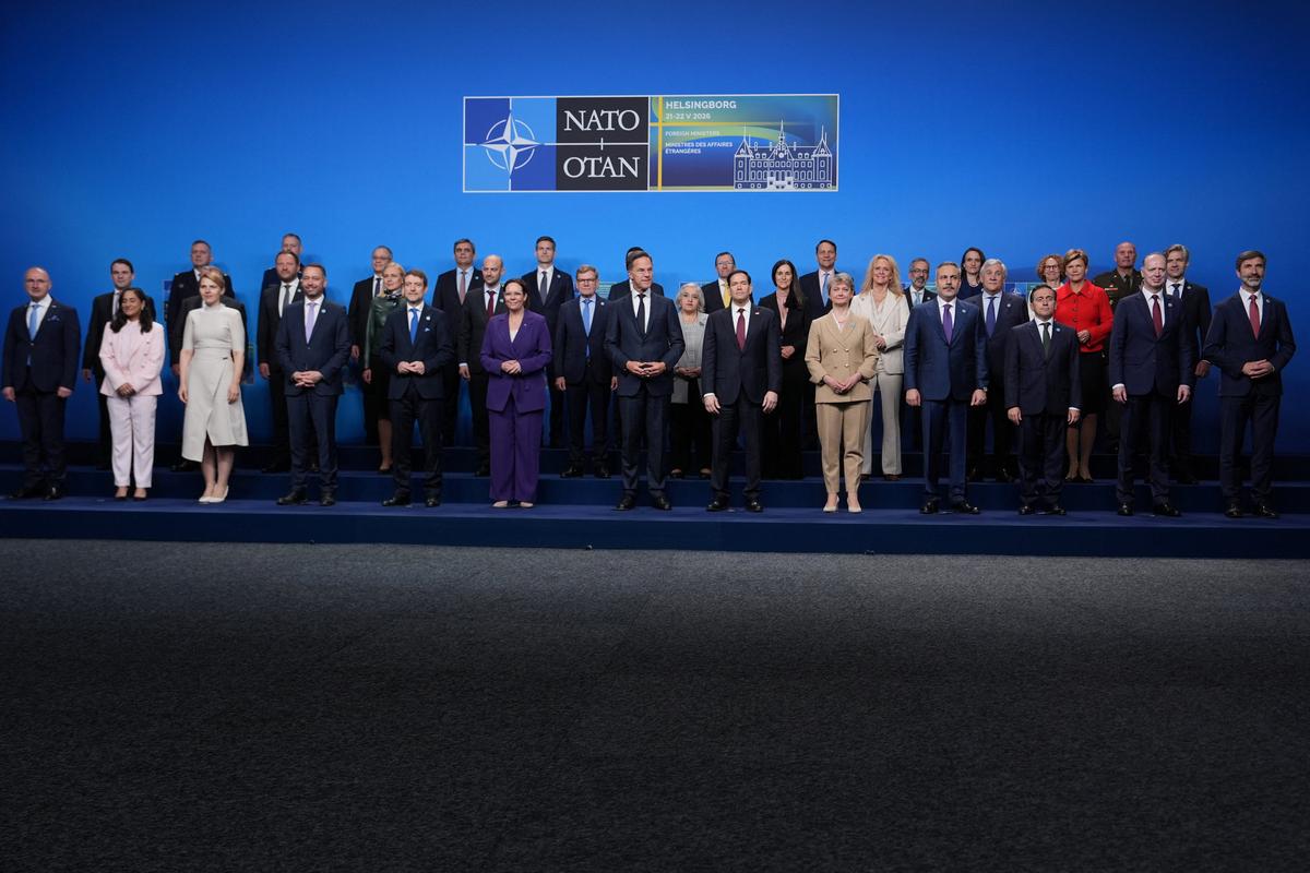 United States Secretary of State Marco Rubio, front center right, and NATO Secretary General Mark Rutte, front center left, pose during a group photo at a meeting of NATO foreign ministers in Helsingborg, Sweden, Friday, May 22, 2026. Julia Demaree Nikhinson/Pool via REUTERS