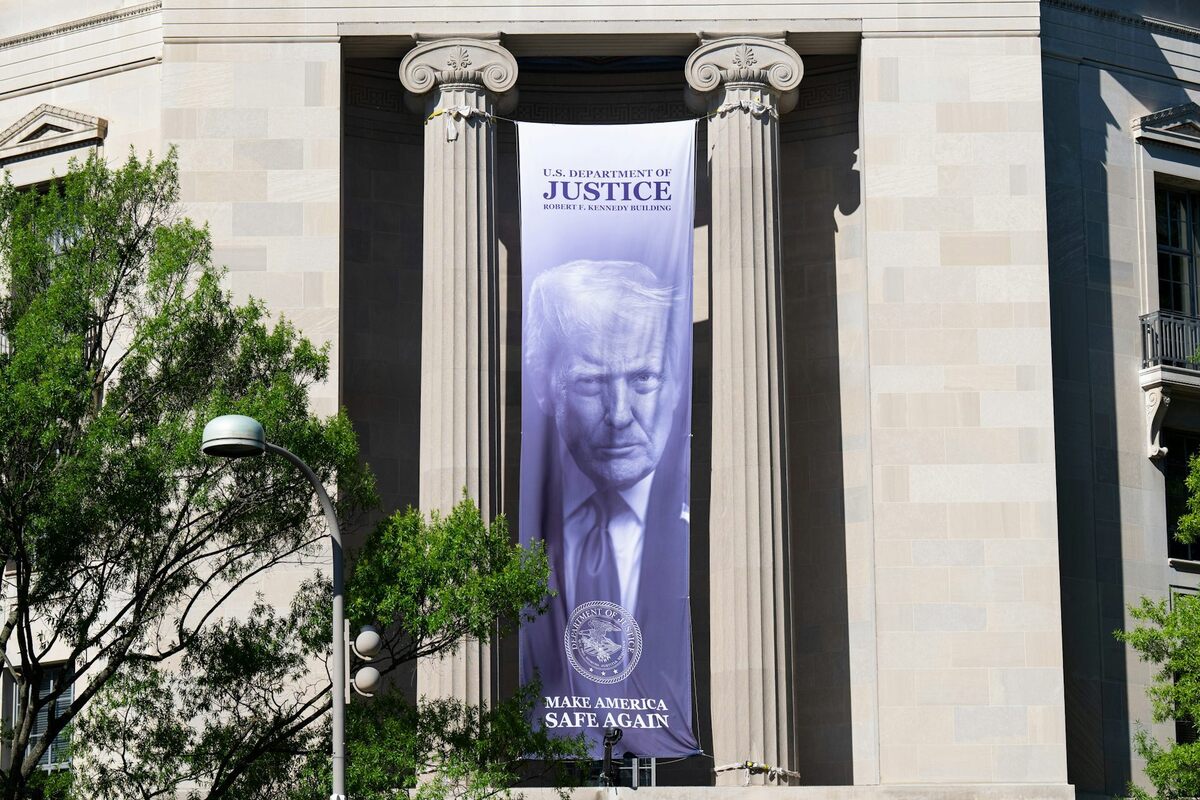  A Trump banner hangs on the Department of Justice building in Washington, D.C., on June 15, 2026. Bill Clark/CQ-Roll Call, Inc via Getty Images 
