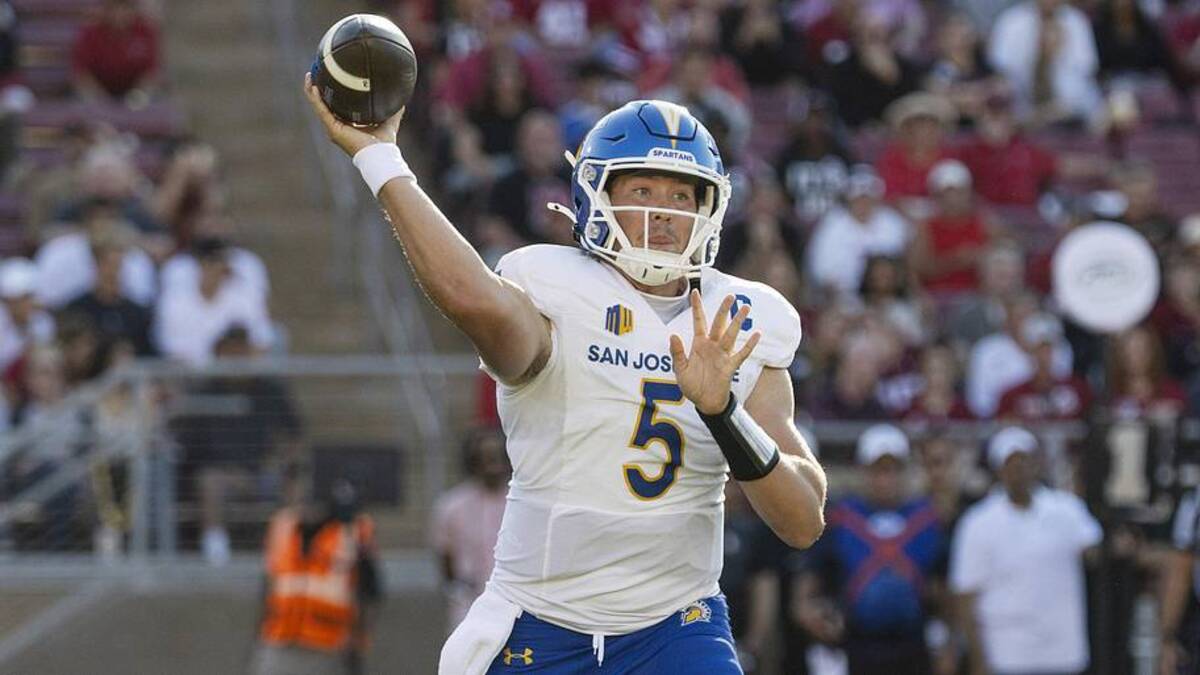  Sep 27, 2025; Stanford, California, USA; San Jose State Spartans quarterback Walker Eget (5) throws the football during the first quarter against the Stanford Cardinal at Stanford Stadium. Mandatory Credit: Stan Szeto-Imagn Images | Stan Szeto-Imagn Images 