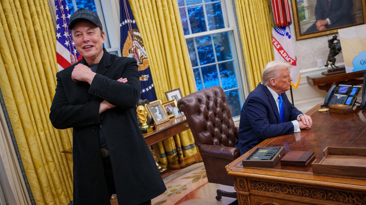 Tesla and SpaceX CEO Elon Musk and U.S. President Donald Trump appear during an executive order signing in the Oval Office at the White House on Feb. 11, 2025, in Washington, D.C. (Andrew Harnik/Getty Images/TNS)
