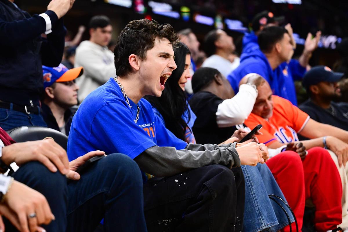  American actor Timothee Chalamet reacts after the New York Knicks defeat the Cleveland Cavaliers in game four of the eastern conference finals. 
