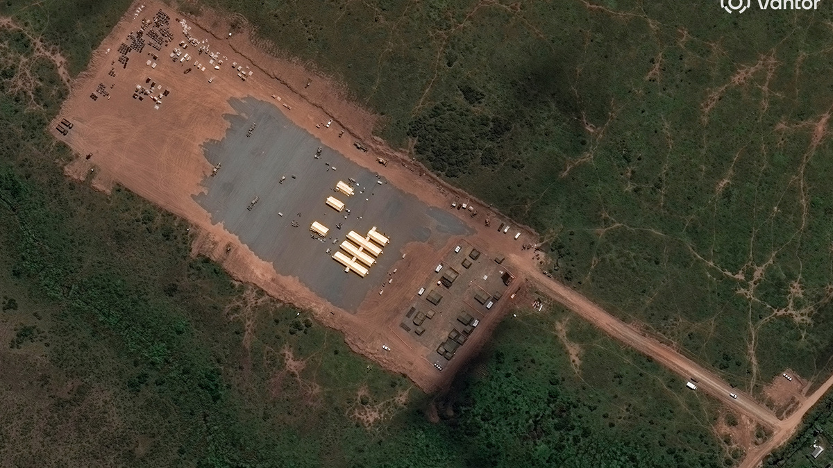A satellite image shows tents erected and vehicles at a new field hospital at Laikipia Air Base in Laikipia County, Kenya June 4, 2026. Vantor/Handout via REUTERS