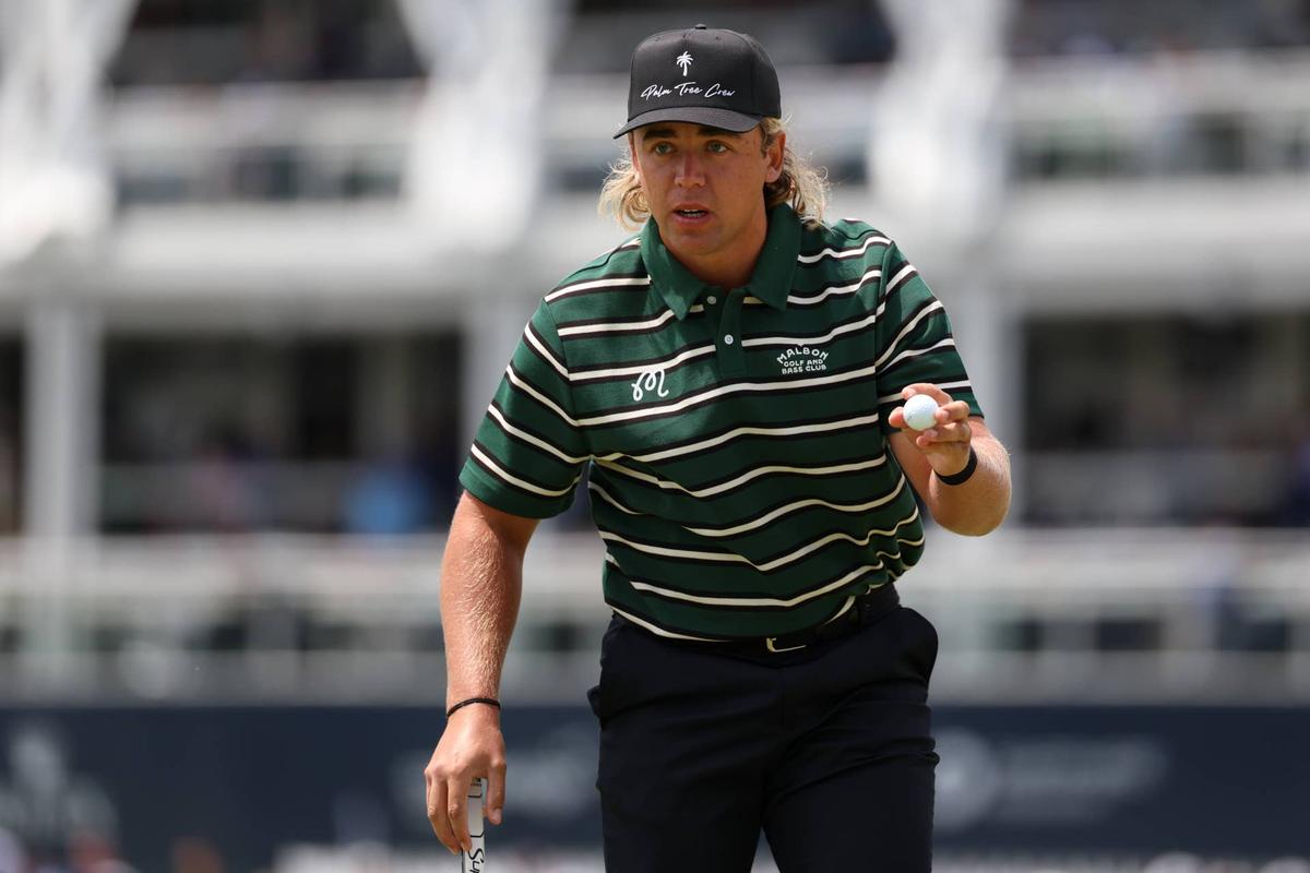  May 14, 2026; Newtown Square, Pennsylvania, USA; Garrick Higgo reacts after his putt on the 17th green during the first round of the PGA Championship golf tournament at Aronimink Golf Club. Mandatory Credit: Bill Streicher-Imagn Images 