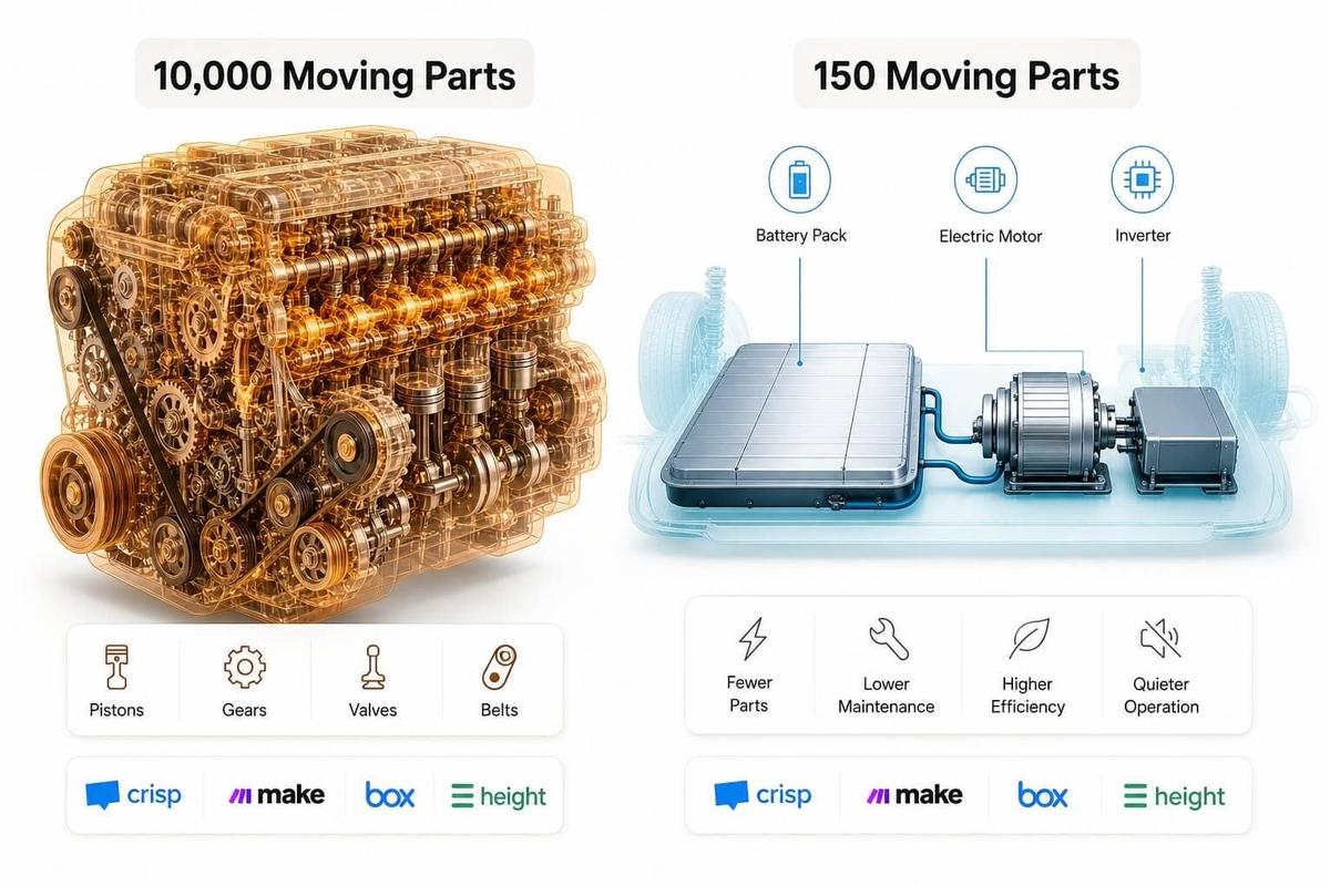  EVs trade mechanical complexity for electrical simplicity, drastically reducing the number of moving parts from 10,000 to just 150.