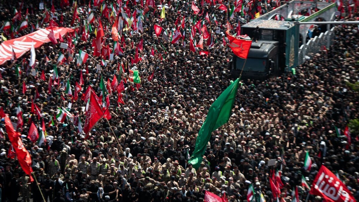 Hundreds of thousands of mourners gathered around the funeral procession carrying the coffins of Iran's late Supreme Leader Ali Khamenei and members of his family, who were killed in U.S.-Israeli attacks, during a mass funeral march near Azadi Square in Tehran on Monday. Photo by Behnam Tofighi/UPI