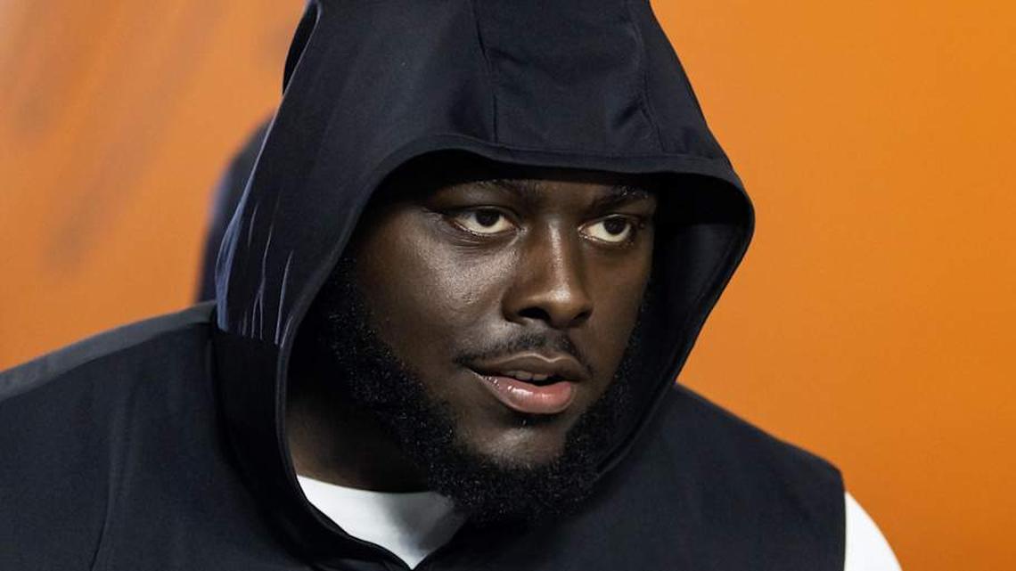 Jan 19, 2026; Miami Gardens, FL, USA; Miami Hurricanes offensive lineman Markel Bell (70) against the Indiana Hoosiers during the College Football Playoff National Championship game at Hard Rock Stadium. Mandatory Credit: Mark J. Rebilas-Imagn Images | Mark J. Rebilas-Imagn Images 