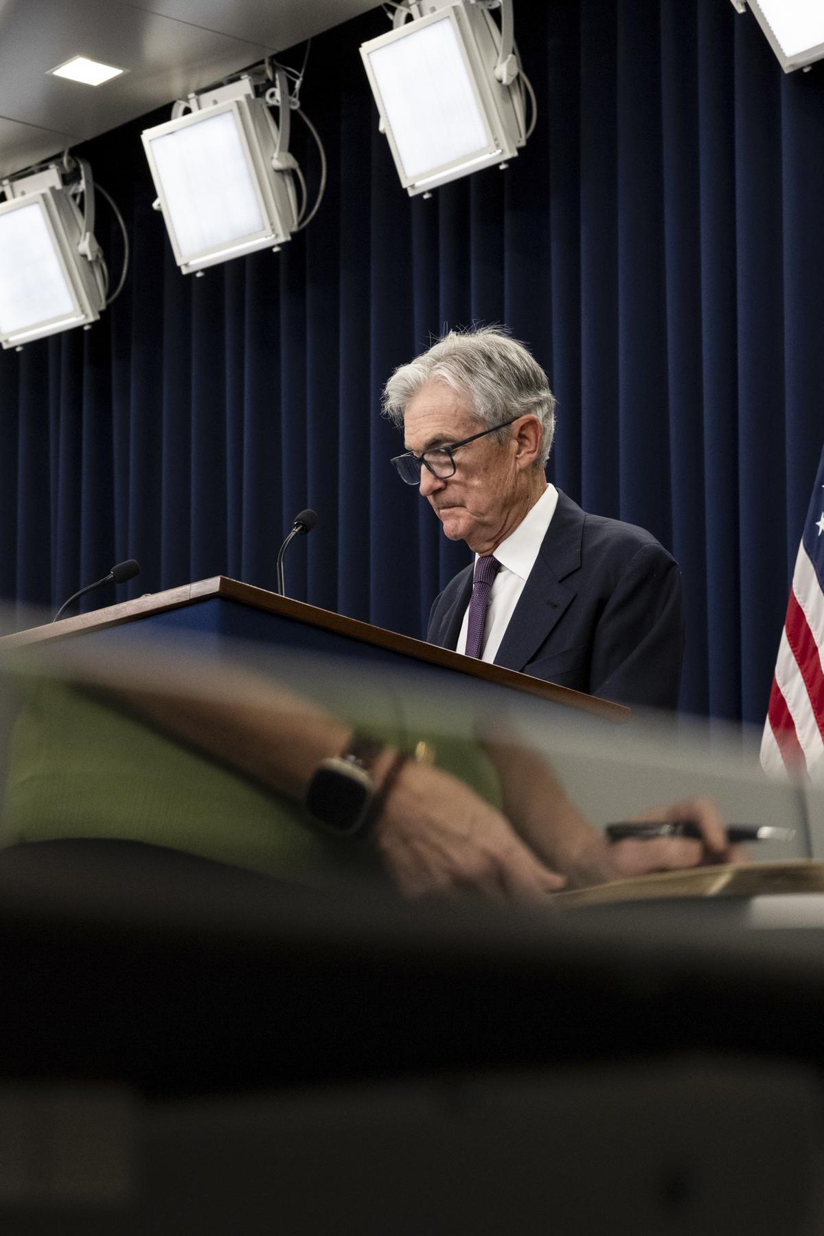 Jerome Powell, the Federal Reserve chairman, speaks at a news conference at the Federal Reserve in Washington, on Wednesday, April 29, 2026. Powell, whose term as chair expires next month, said he would stay on as a governor "for a period of time." (Anna Rose Layden/The New York Times)