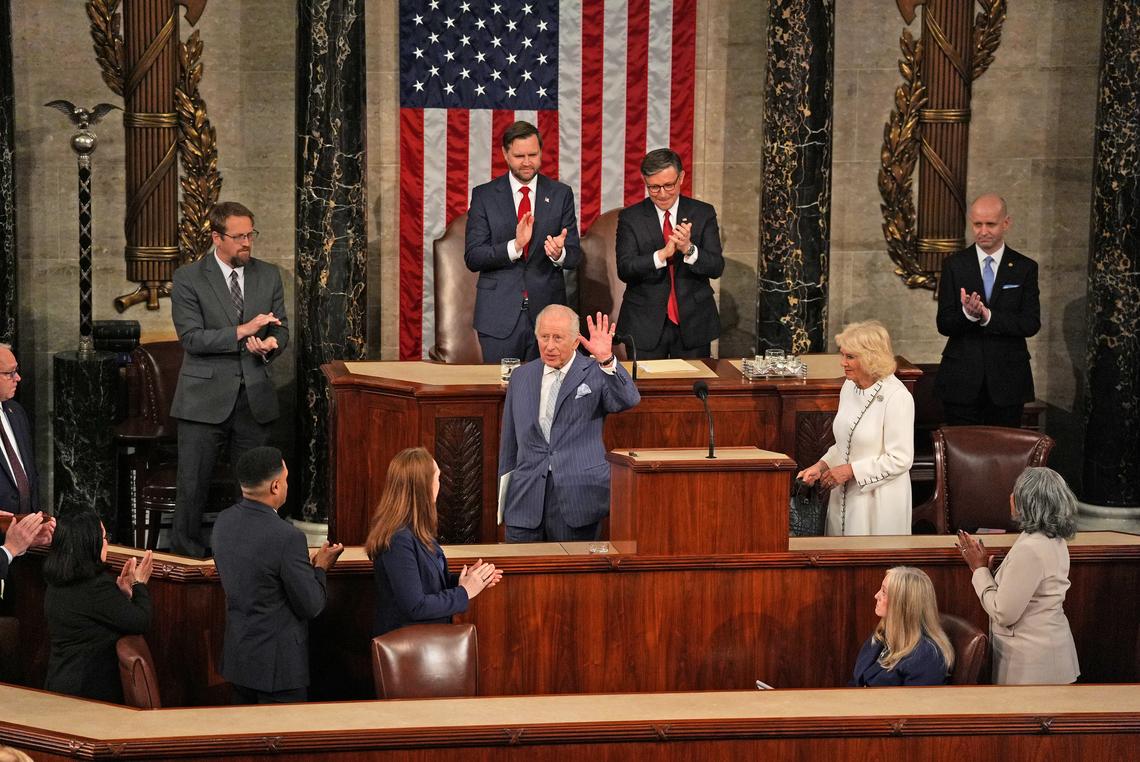 King Charles III waves as he concludes an address to a joint meeting of Congress in honor of the 250th anniversary of American independence at the Capitol in Washington, on Tuesday, April 28, 2026. (Salwan Georges/The New York Times)