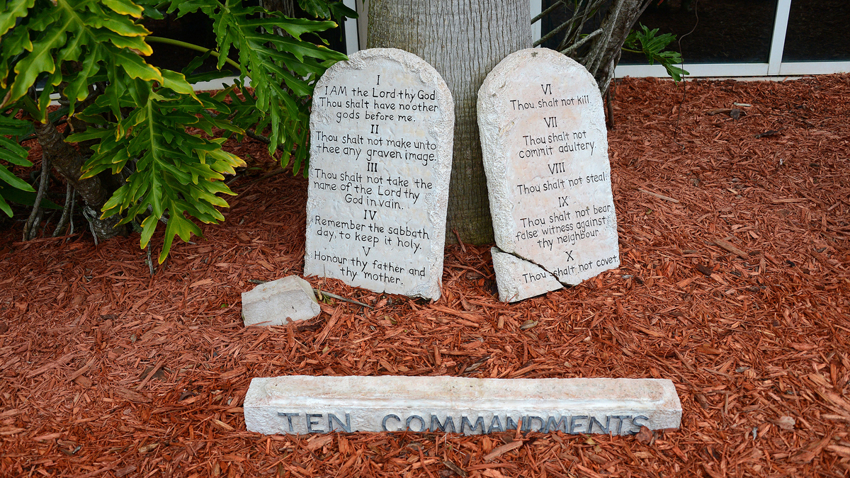 The Ten Commandments are displayed on stone tables outside the River at Tampa Bay Church before the start of a  Tea Party Unity Rally at The River at Tampa Bay Church ahead of the Republican National Convention in Tampa, Florida, on Aug. 26, 2012.   (Robyn Beck/AFP/GettyImages/TNS)