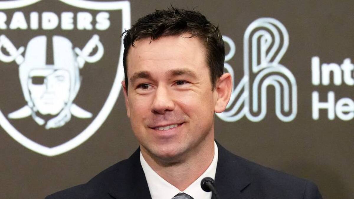  Feb 10, 2026; Henderson, NV, USA; Las Vegas Raiders coach Klint Kubiak speaks at introductory press conference at Intermountain Health Performance Center. Mandatory Credit: Kirby Lee-Imagn Images | IMAGN IMAGES via Reuters Connect 