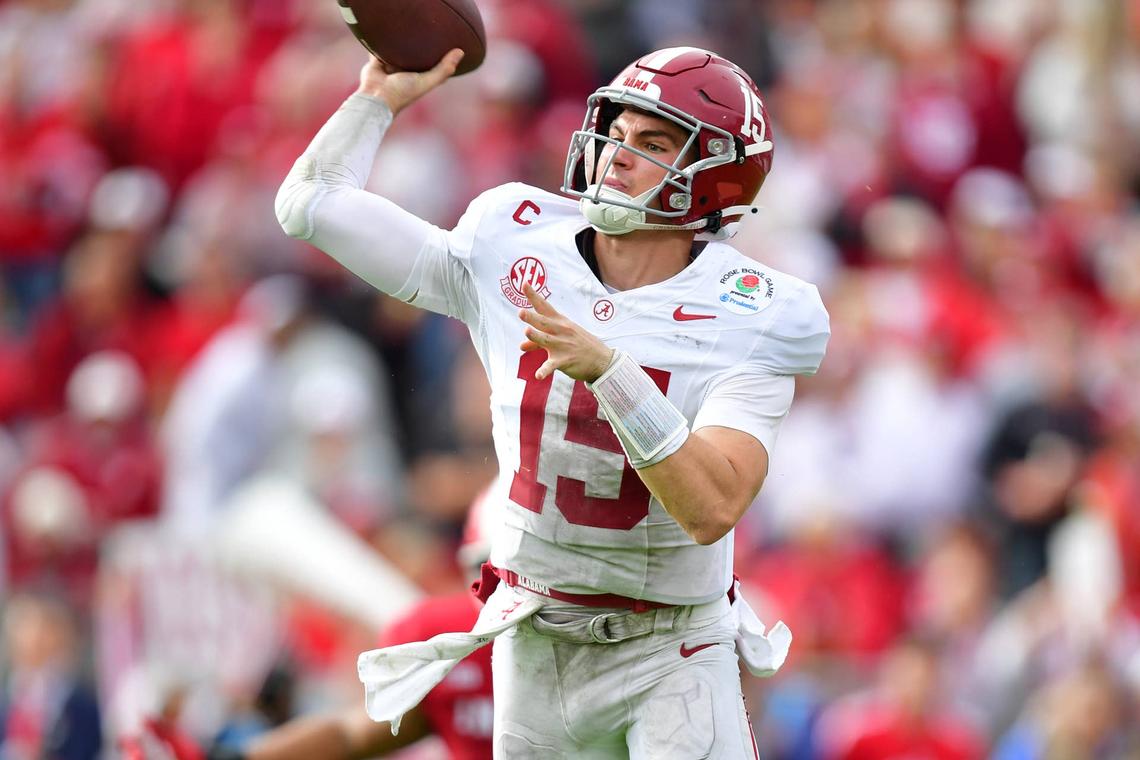  Jan 1, 2026; Pasadena, CA, USA; Alabama Crimson Tide quarterback Ty Simpson (15) passes against the Indiana Hoosiers in the first half of the 2026 Rose Bowl and quarterfinal game of the College Football Playoff at Rose Bowl Stadium. Mandatory Credit: Gary A. Vasquez-Imagn Images 