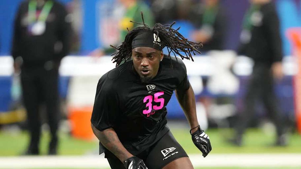  Feb 27, 2026; Indianapolis, IN, USA; Southern California defensive back Bishop Fitzgerald (DB35) during the NFL Scouting Combine at Lucas Oil Stadium. Mandatory Credit: Kirby Lee-Imagn Images | Kirby Lee-Imagn Images 