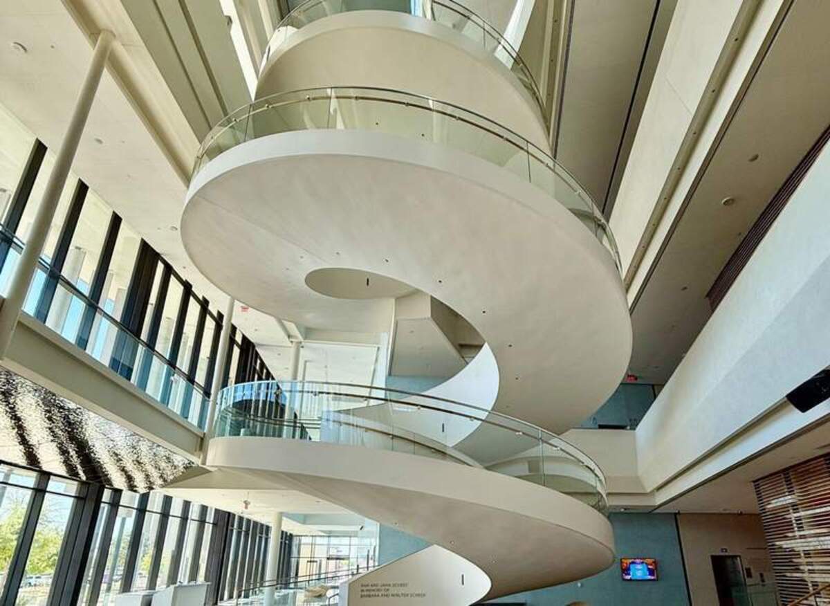  Admiring the spiral stairway from the spacious plaza lobby in Buddy Holly Hall feels compelling. Photo credit: Christine Tibbetts 