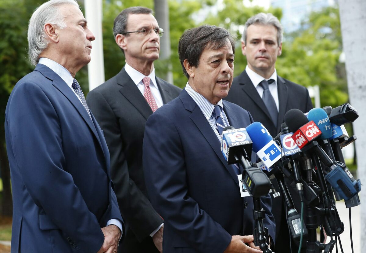  Attorney Rodney Margol, center, speaks during a 2019 news conference in Miami about his clients' lawsuit against Carnival Cruise Line over its use of Cuban docks that his clients say belong to their company, Havana Docks. AP Photo/Wilfredo Lee 