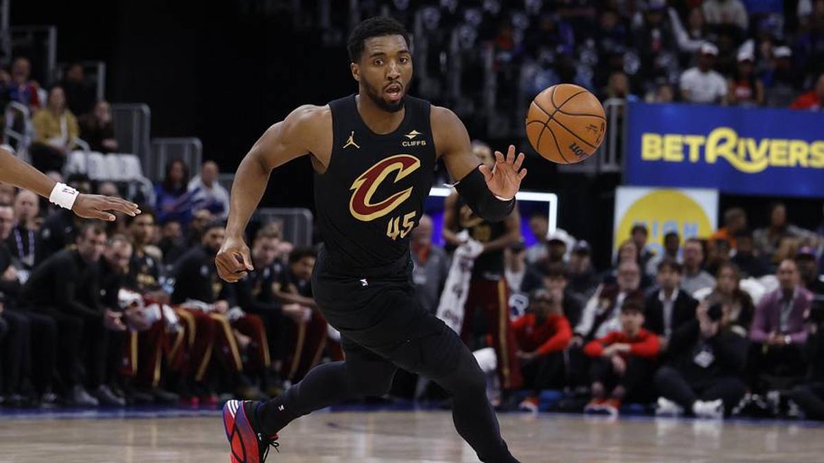  May 5, 2026; Detroit, Michigan, USA; Cleveland Cavaliers guard Donovan Mitchell (45) dribbles in the first half against the Detroit Pistons during game one of the second round of the 2026 NBA Playoffs at Little Caesars Arena. | Rick Osentoski-Imagn Images 