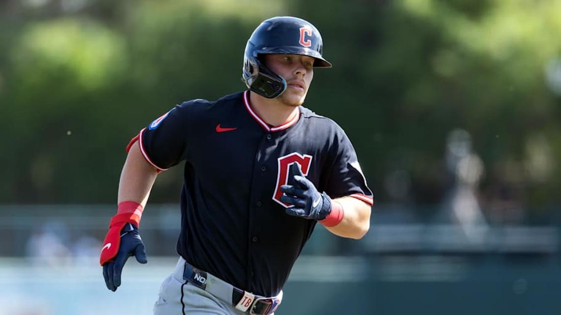  Cleveland Guardians second baseman Travis Bazzana rounds the bases after hitting a three run home run against the Los Angeles Dodgers during a spring training game at Camelback Ranch-Glendale. | Mark J. Rebilas-Imagn Images 