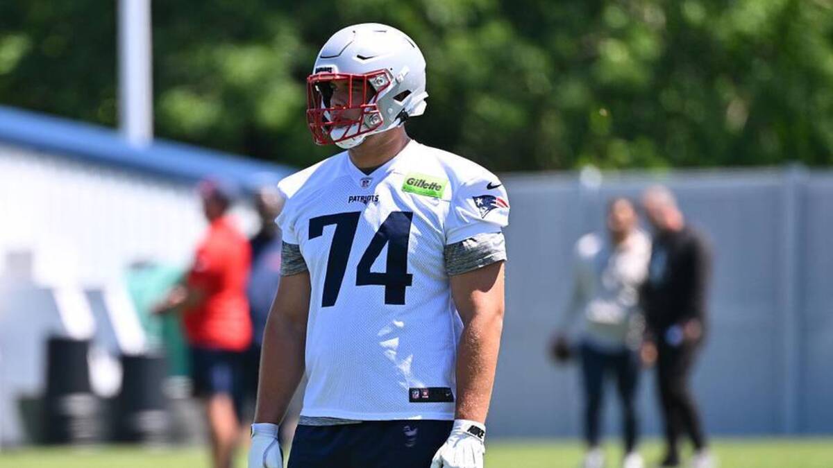  Jun 9, 2026; Foxborough, MA, USA; New England Patriots tackle Caleb Lomu (74) looks on at minicamp at Gillette Stadium. Mandatory Credit: Eric Canha-Imagn Images | Eric Canha-Imagn Images 