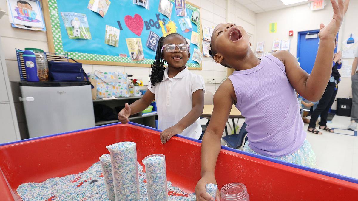 Kaleigh Snead (left) and Royalty Harris (right) enjoy themselves at Rimes Early Learning Center in Leesburg on Tuesday, May 5, 2026. (Stephen M. Dowell/Orlando Sentinel)