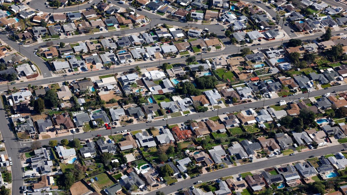 In an aerial view, single family homes are seen in Santee in late January.  (K.C. Alfred / The San Diego Union-Tribune)