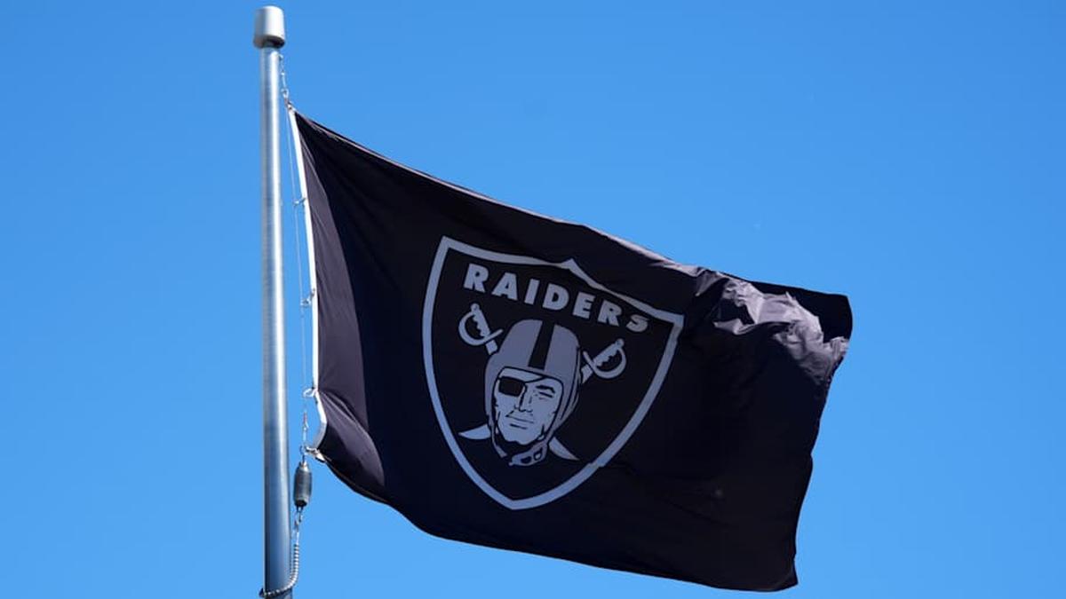  Jul 24, 2025; Henderson, NV, USA; A Las Vegas Raiders shield logo flag at the Intermountain Healthcare Performance Center. Mandatory Credit: Kirby Lee-Imagn Images | Kirby Lee-Imagn Images 