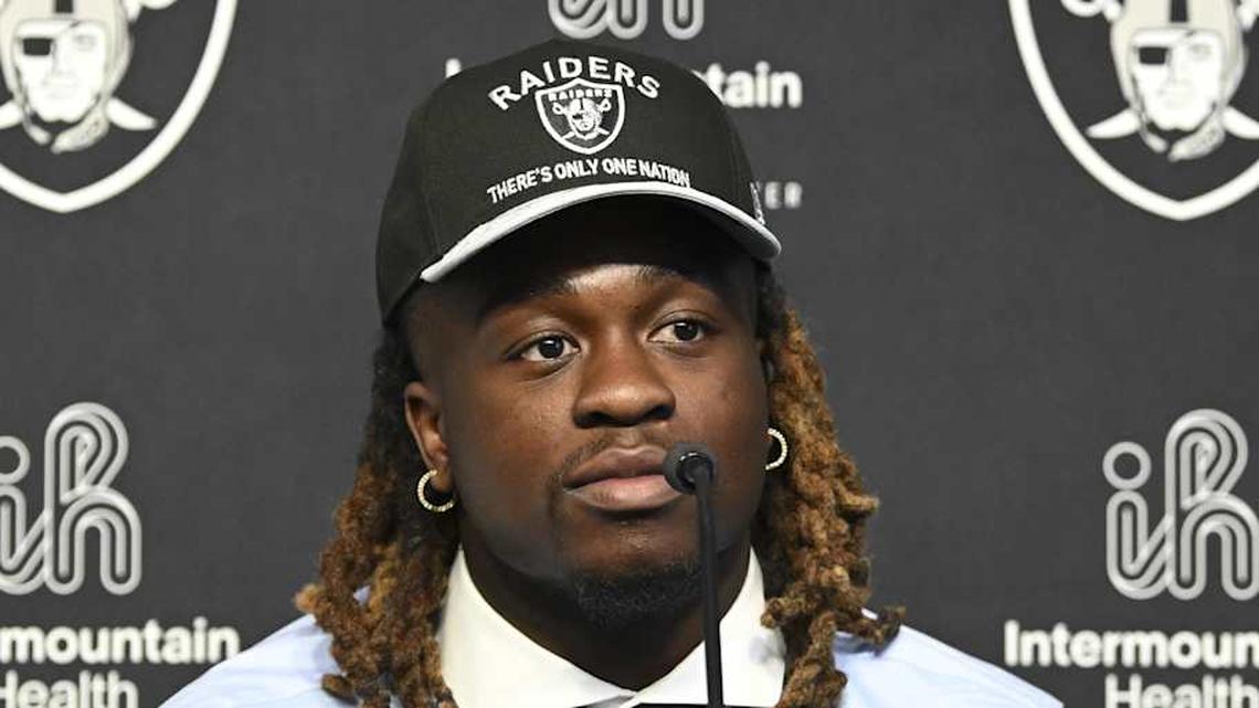  Apr 25, 2025; Henderson, NV, USA; Las Vegas Raiders first round draft pick in the 2025 NFL Draft Ashton Jeanty, speaks to the media at Intermountain Health Performance Center. Mandatory Credit: Candice Ward-Imagn Images | Candice Ward-Imagn Images 