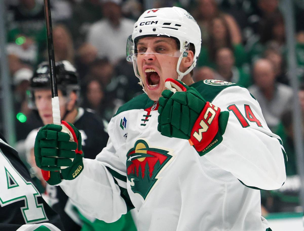  Minnesota Wild center Joel Eriksson Ek (14) celebrates a goal. Thomas Shea-Imagn Images