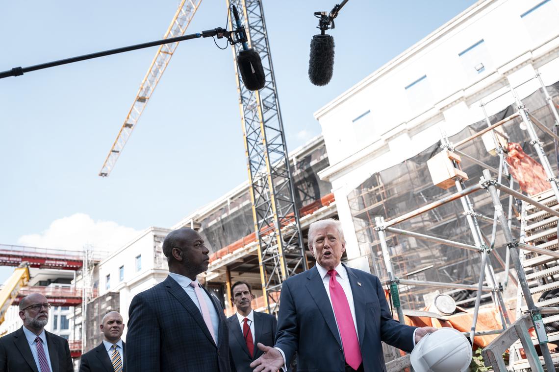 FILE -- President Donald Trump speaks while visiting the renovations at the Federal Reserve's headquarters in Washington, July 24, 2025. The Trump administration's attacks on the Federal Reserve have rattled confidence in the central bank's ability to operate independently before a leadership transition. (Haiyun Jiang/The New York Times)