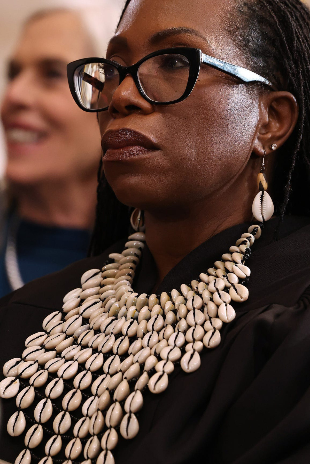 Supreme Court Justice Ketanji Brown Jackson wears a collar and matching earrings made from cowrie shells during the inauguration ceremonies for President Donald Trump on Jan. 20, 2025.