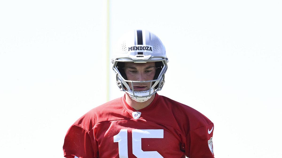  May 2, 2026; Henderson, NV, USA; Las Vegas Raiders quarterback Fernando Mendoza (15) warms up during a Rookie Minicamp at Intermountain Health Performance Center. Mandatory Credit: Candice Ward-Imagn Images | Candice Ward-Imagn Images 