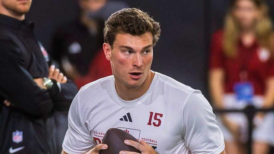  Fernando Mendoza participates in Indiana University's Pro Day at Mellencamp Pavilion on Wednesday, April 1, 2026. | Rich Janzaruk/Herald-Times / USA TODAY NETWORK via Imagn Images 